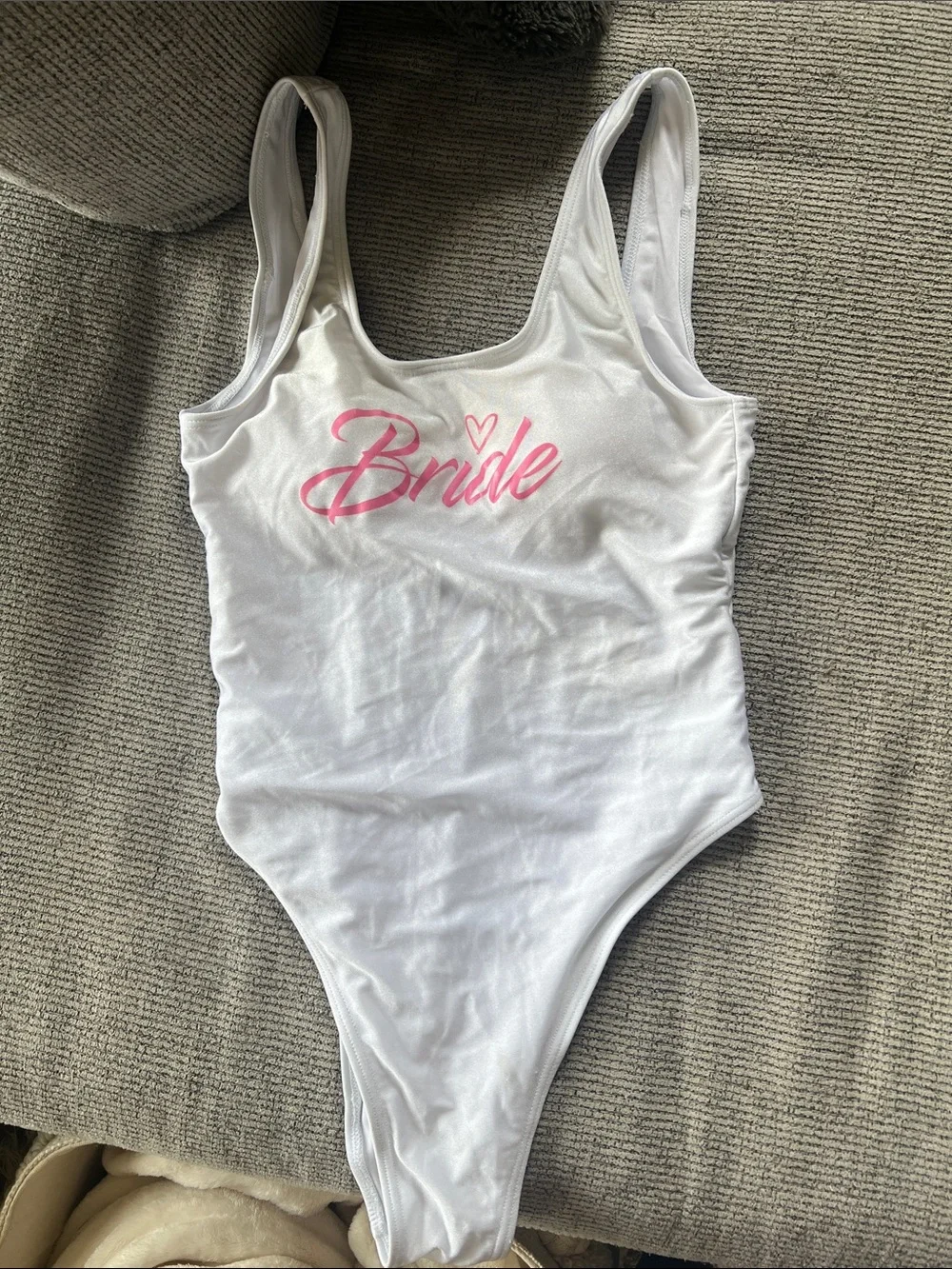White 'Bride' One-Piece Swimsuit with Pink Script